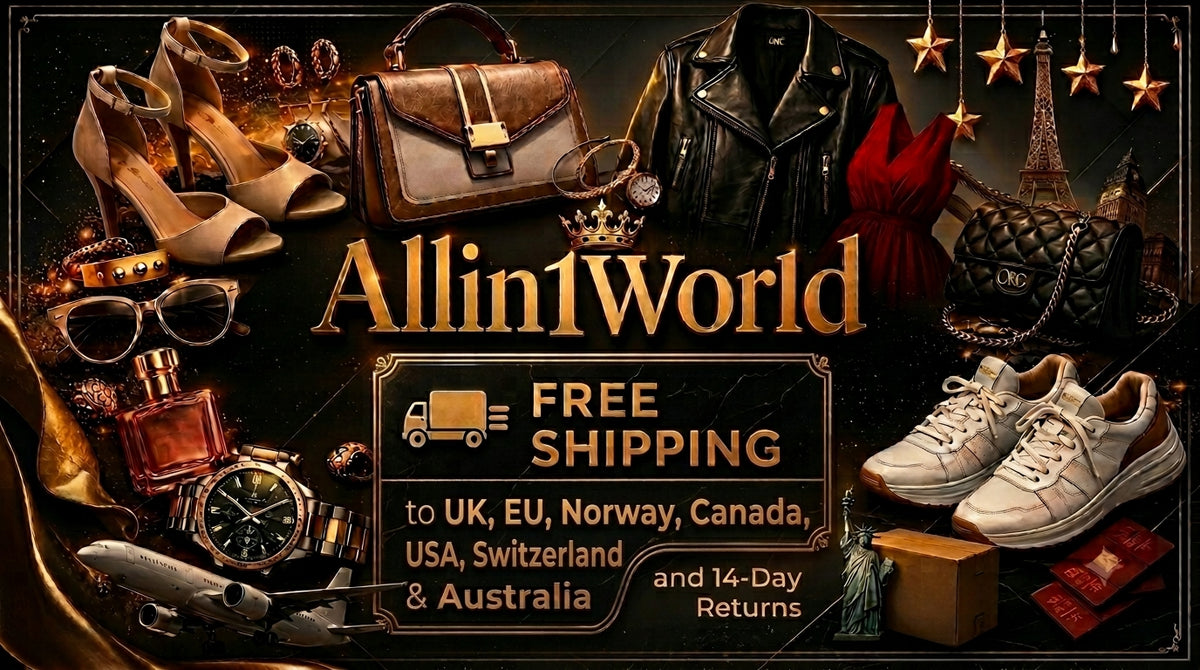 ALL IN 1 WORLD — a dark, gold-accented collage of women's heels, handbags, sunglasses, a watch, a leather jacket, a red dress and white sneakers, with a free shipping and 14-day returns banner.
