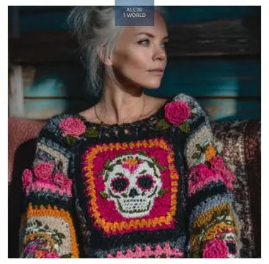 womens sweater Retro Printed American Style Streetwear Loose Knit Sweater Top all in 1 world