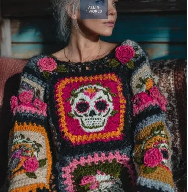 womens sweater Retro Printed American Style Streetwear Loose Knit Sweater Top all in 1 world