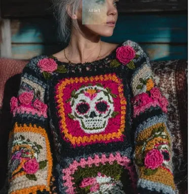 Womens Retro Printed American Style Streetwear Loose Knit Sweater Top Pink Lucky