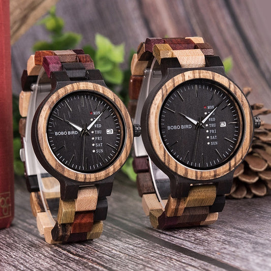 Pair of multicolour wooden quartz watches