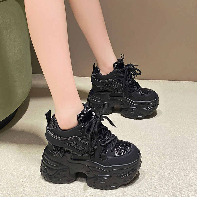 Hidden-heel sequin platform sneaker, angle view