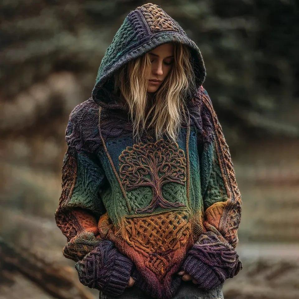 Woman wearing a hooded sweatshirt with a tree design