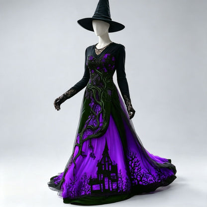 Purple long dress with green accents