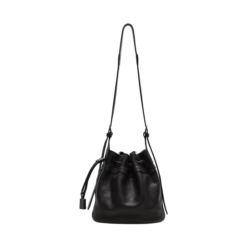 Sheepskin leather bucket bag, side view