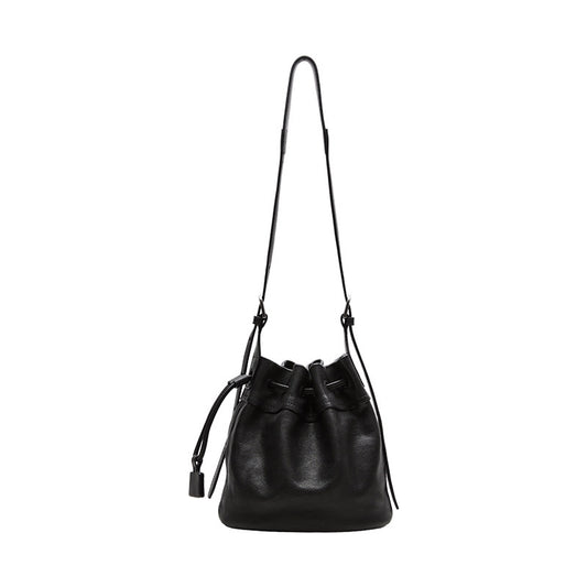 Sheepskin leather bucket bag, side view