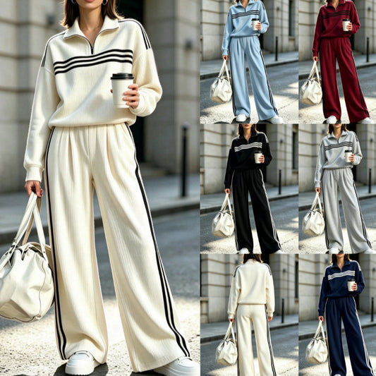 Woman wearing a sweatshirt and wide-leg pants set