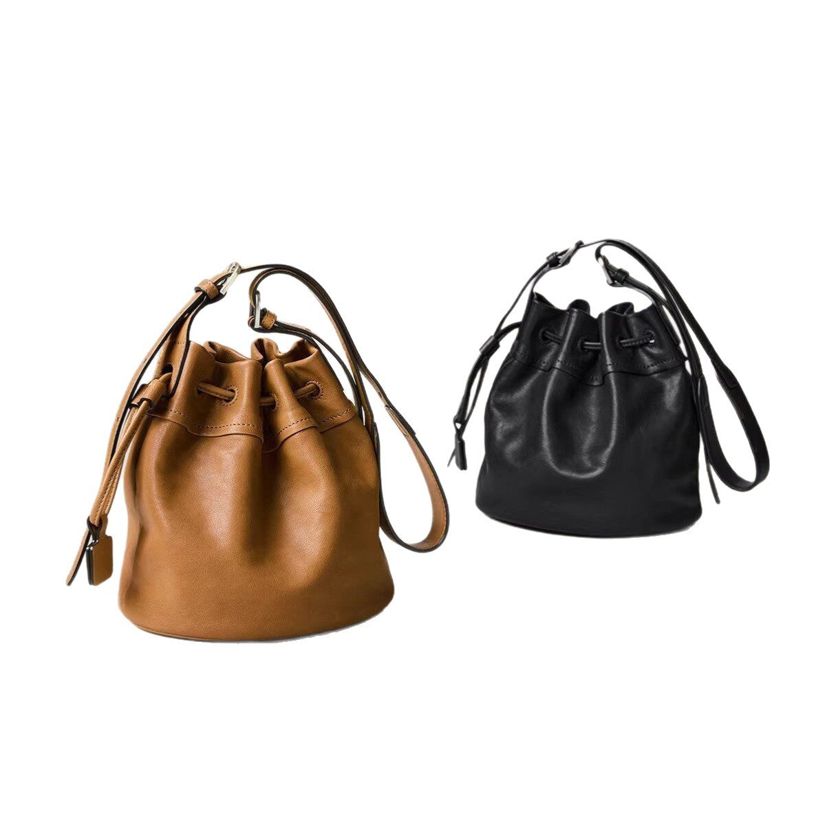 Sheepskin leather bucket bag, pleated detail