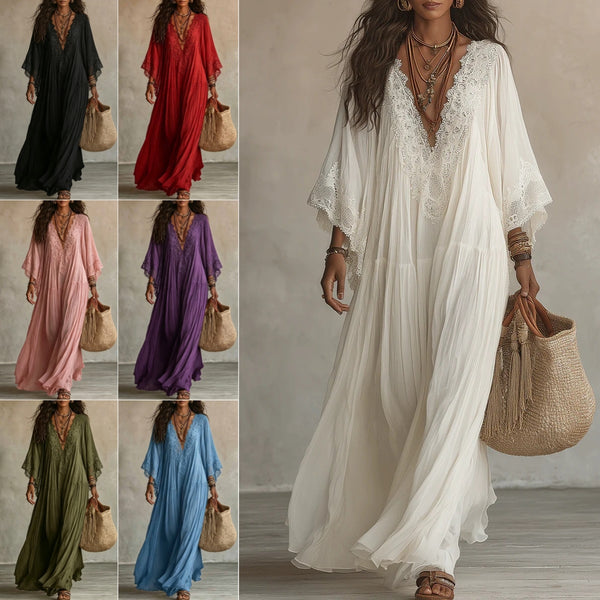 Women's Lace-Trim V-Neck Maxi Dress | Flowy Boho Beach Dress