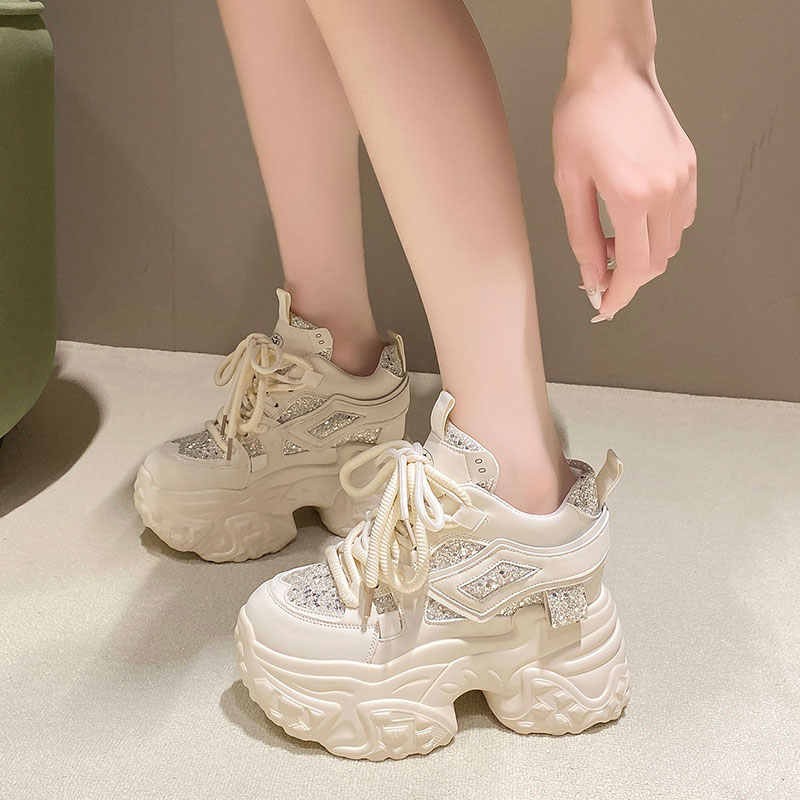 Hidden-heel sequin platform sneaker, side view