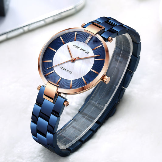 Women's quartz watch with navy strap and rose-gold case