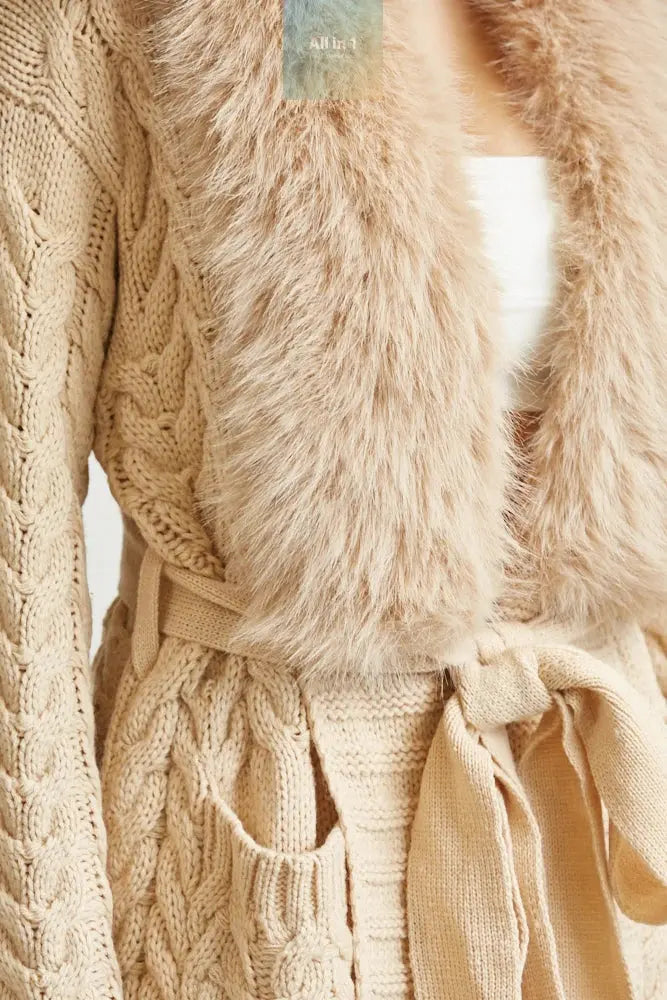 Cozy Faux Fur Trim Long Cable Knit Cardigan for Women – Winter Sweater White Amphitryon