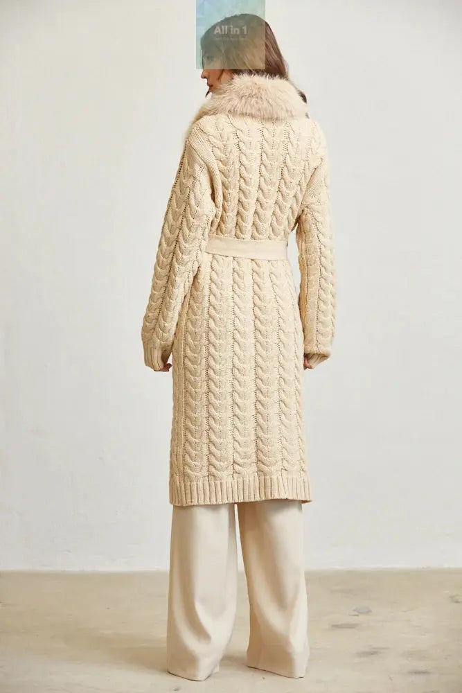 Cozy Faux Fur Trim Long Cable Knit Cardigan for Women – Winter Sweater White Amphitryon