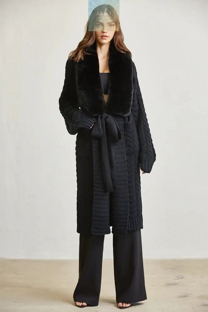 Cozy Faux Fur Trim Long Cable Knit Cardigan for Women – Winter Sweater White Amphitryon