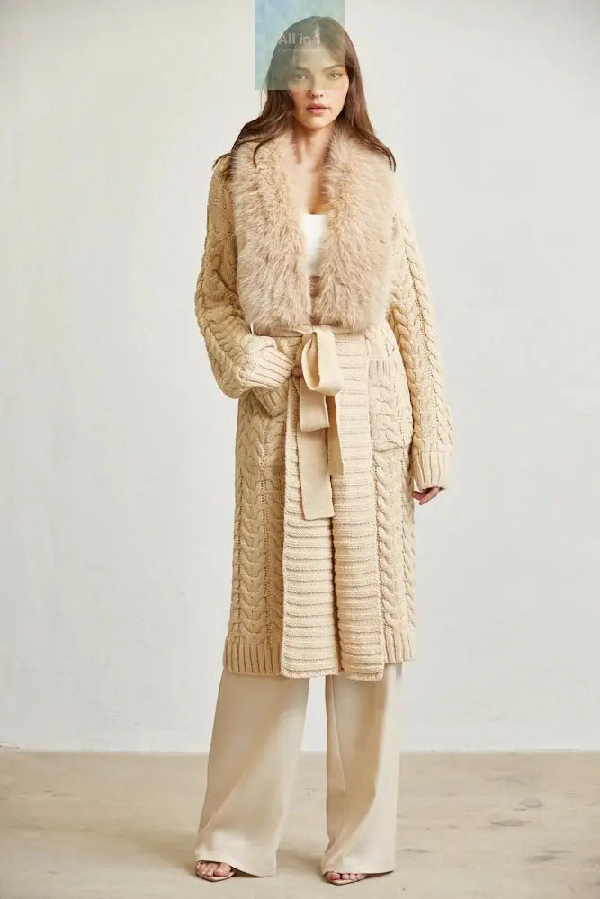 Cozy Faux Fur Trim Long Cable Knit Cardigan for Women – Winter Sweater White Amphitryon