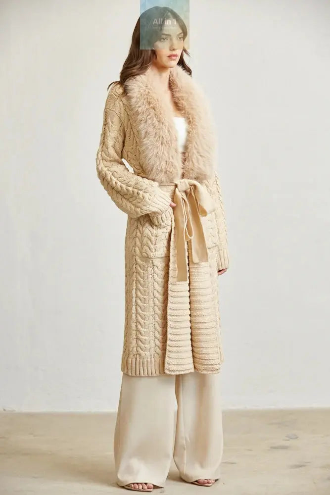 Cozy Faux Fur Trim Long Cable Knit Cardigan for Women – Winter Sweater White Amphitryon