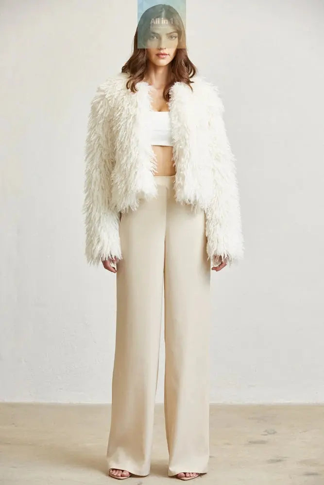 Women Shaggy Faux Fur Jacket | Open Front Long Sleeve Winter Coat with White Amphitryon
