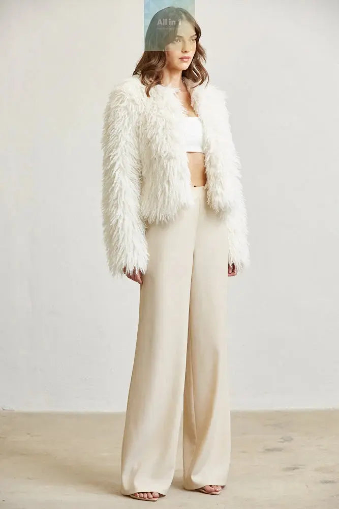 Women Shaggy Faux Fur Jacket | Open Front Long Sleeve Winter Coat with White Amphitryon