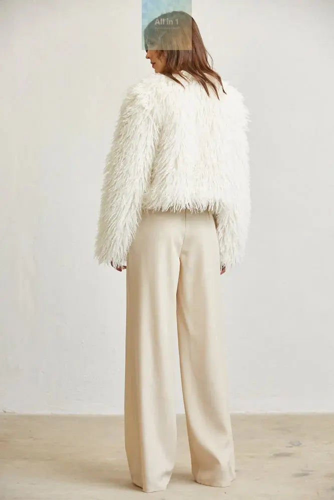 Women Shaggy Faux Fur Jacket | Open Front Long Sleeve Winter Coat with White Amphitryon