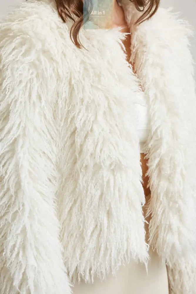 Women Shaggy Faux Fur Jacket | Open Front Long Sleeve Winter Coat with White Amphitryon