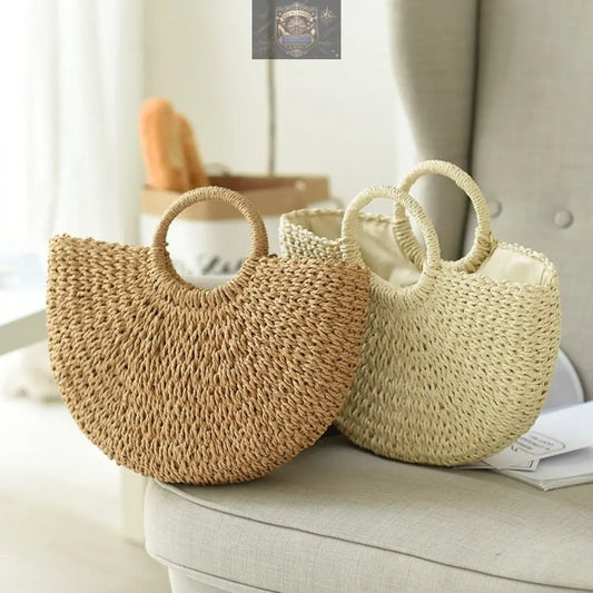 Half-moon semi-circle straw handbag with top handle and drawstring closure - structured summer bag - ALL IN 1 WORLD