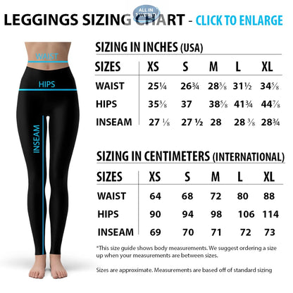 Detailed Leggings Sizing Chart for All In 1 World, showing measurements in both inches (USA) and centimeters (International) for waist, hips, and inseam - Sizes ranging from XS to XL - Size guide for women's high-waisted sports leggings.