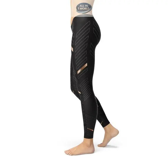 Direct side profile of the black high-waisted performance leggings, showcasing the sleek geometric cut-out patterns and breathable mesh inserts - Premium athletic wear for women - ALL IN 1 WORLD
