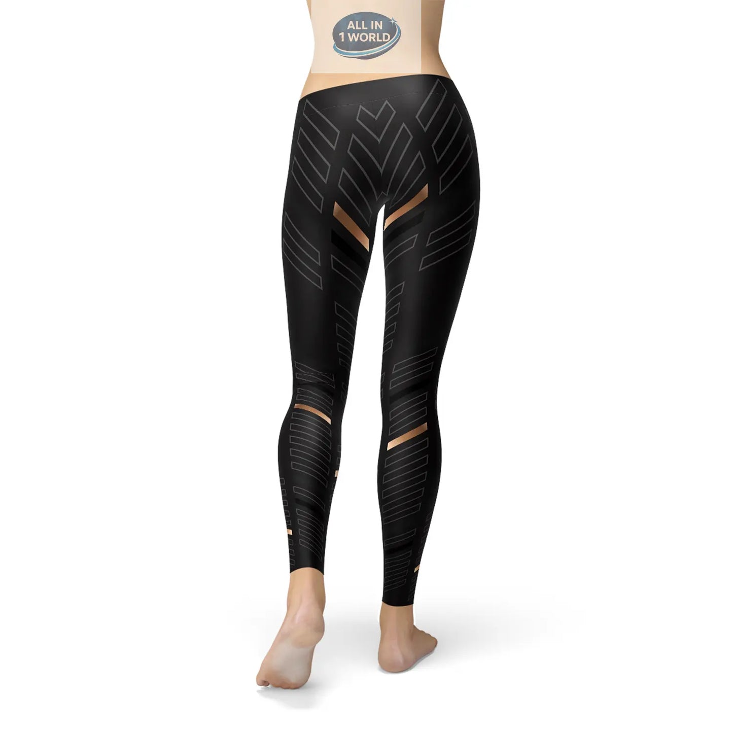 Back view of the high-waisted black sports leggings, showcasing the symmetrical geometric pattern and mesh cut-outs on the thighs and calves - Compression fit gym wear - ALL IN 1 WORLD