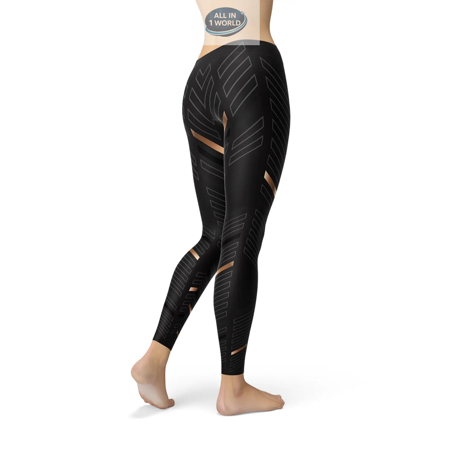 Rear three-quarter view of the high-waisted black athletic leggings, showcasing the intricate mesh patterns on the thigh and calf - Squat-proof and breathable performance gym wear - ALL IN 1 WORLD