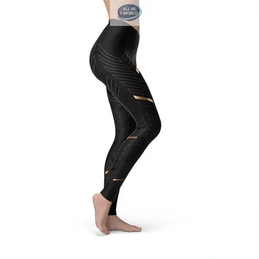 Side view of high-waisted black sports leggings, highlighting the intricate geometric cut-out design and compression fit for athletic performance - ALL IN 1 WORLD