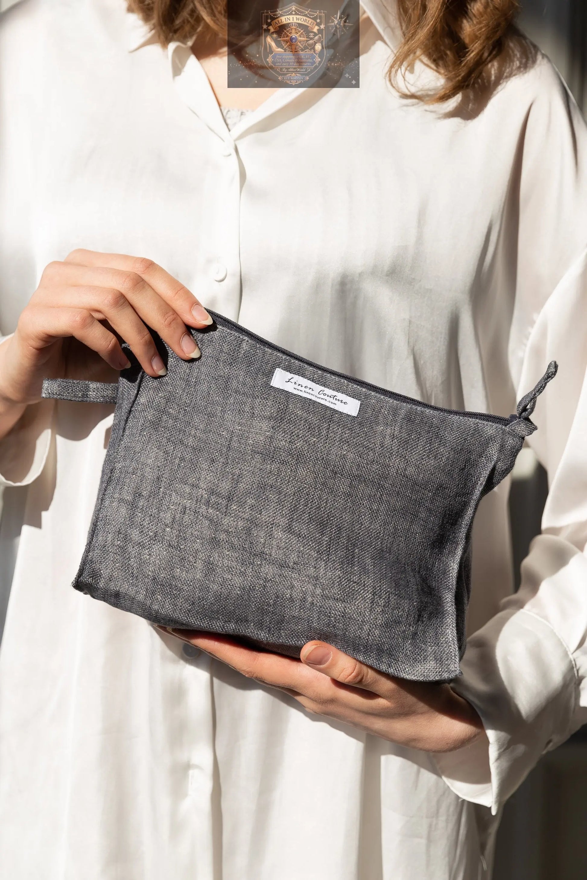 White linen large makeup bag with zipper ALL IN 1 WORLD