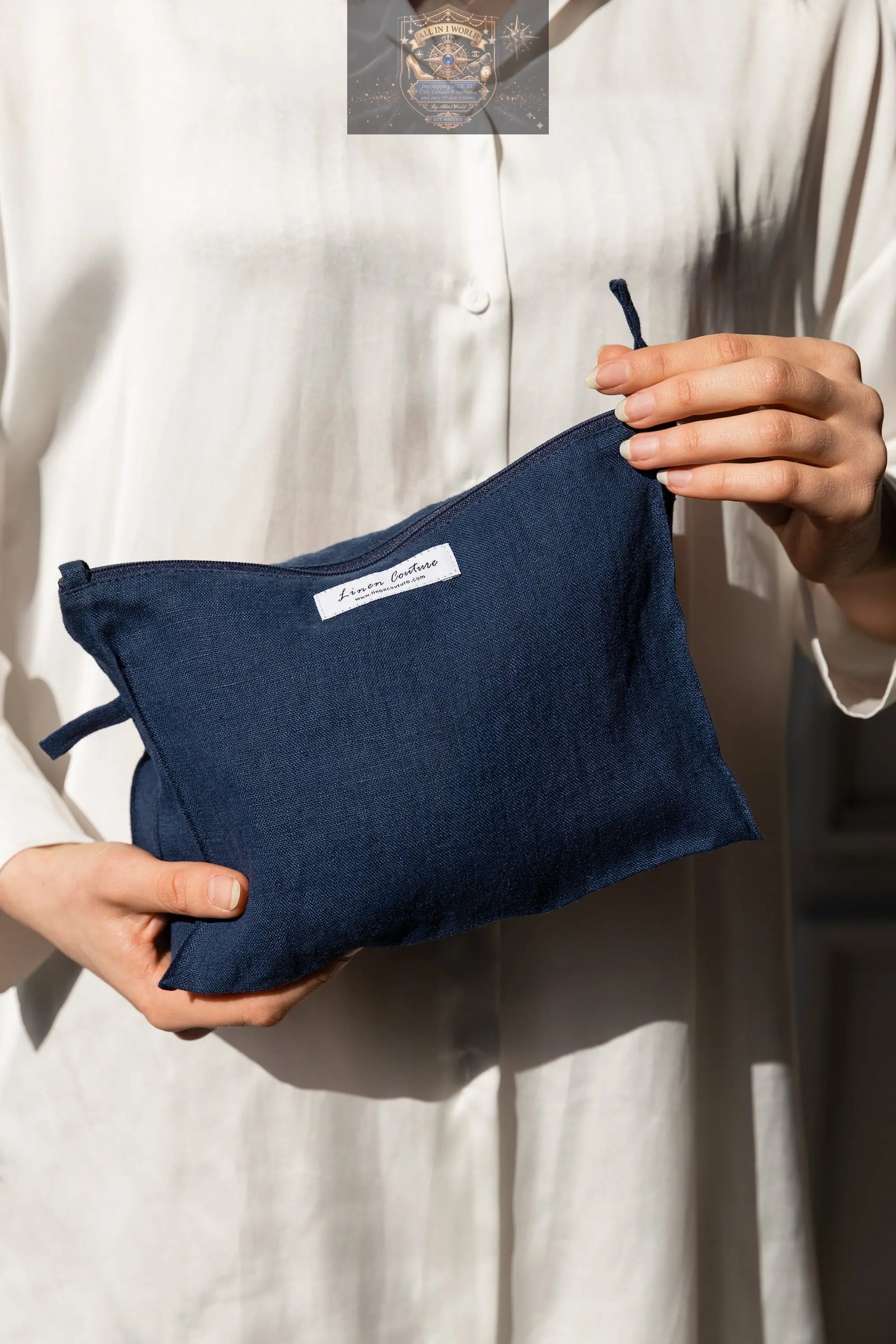 White linen large makeup bag with zipper ALL IN 1 WORLD