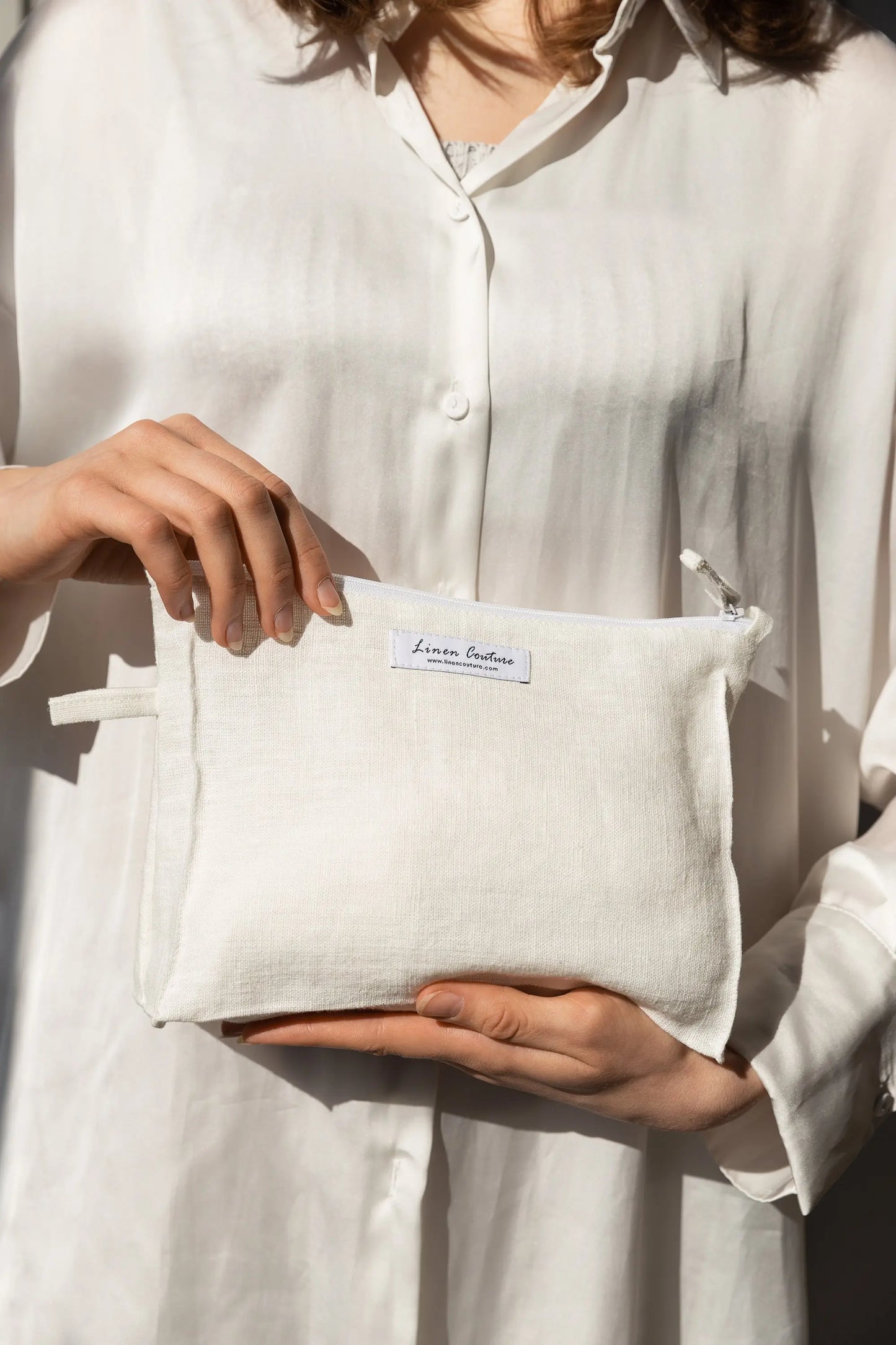 Large white linen makeup bag with full-length zipper - structured cosmetic and toiletry pouch - ALL IN 1 WORLD
