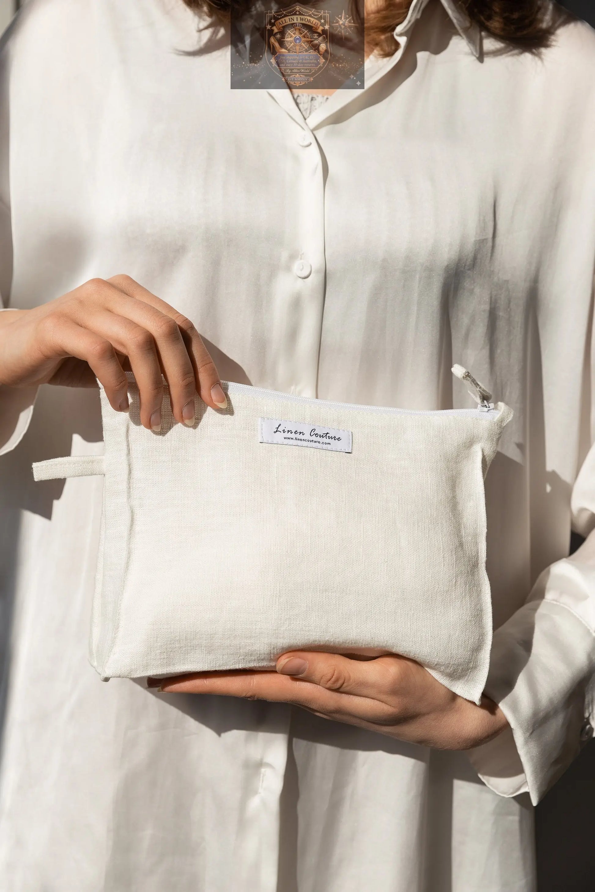 White linen large makeup bag with zipper ALL IN 1 WORLD