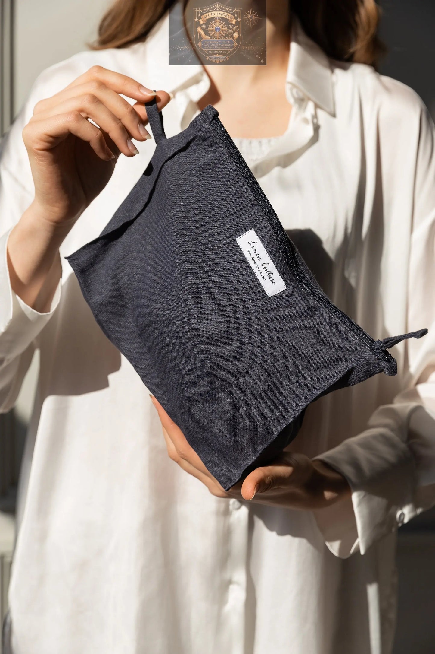 White linen large makeup bag with zipper ALL IN 1 WORLD