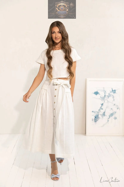 Taormina beige linen two-piece set - cropped top and front-slit midi skirt summer outfit for women - ALL IN 1 WORLD