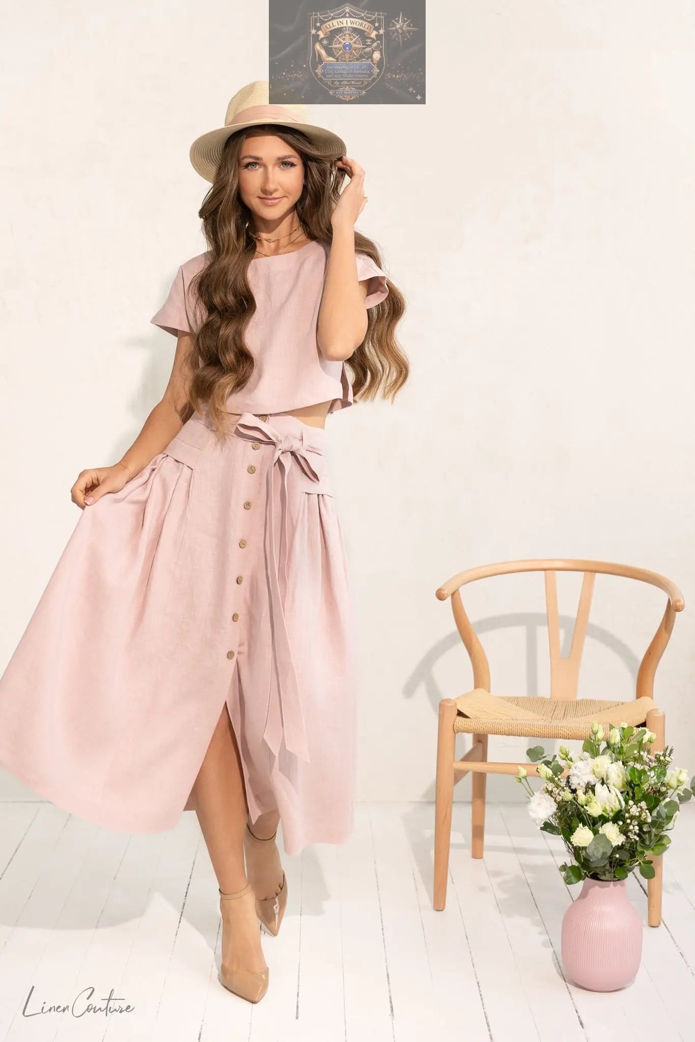 Taormina pale pink linen co-ord set - cropped tie top and front-slit midi skirt summer outfit - ALL IN 1 WORLD
