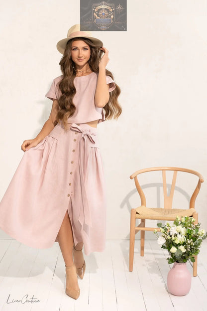 Taormina pale pink linen co-ord set - cropped tie top and front-slit midi skirt summer outfit - ALL IN 1 WORLD