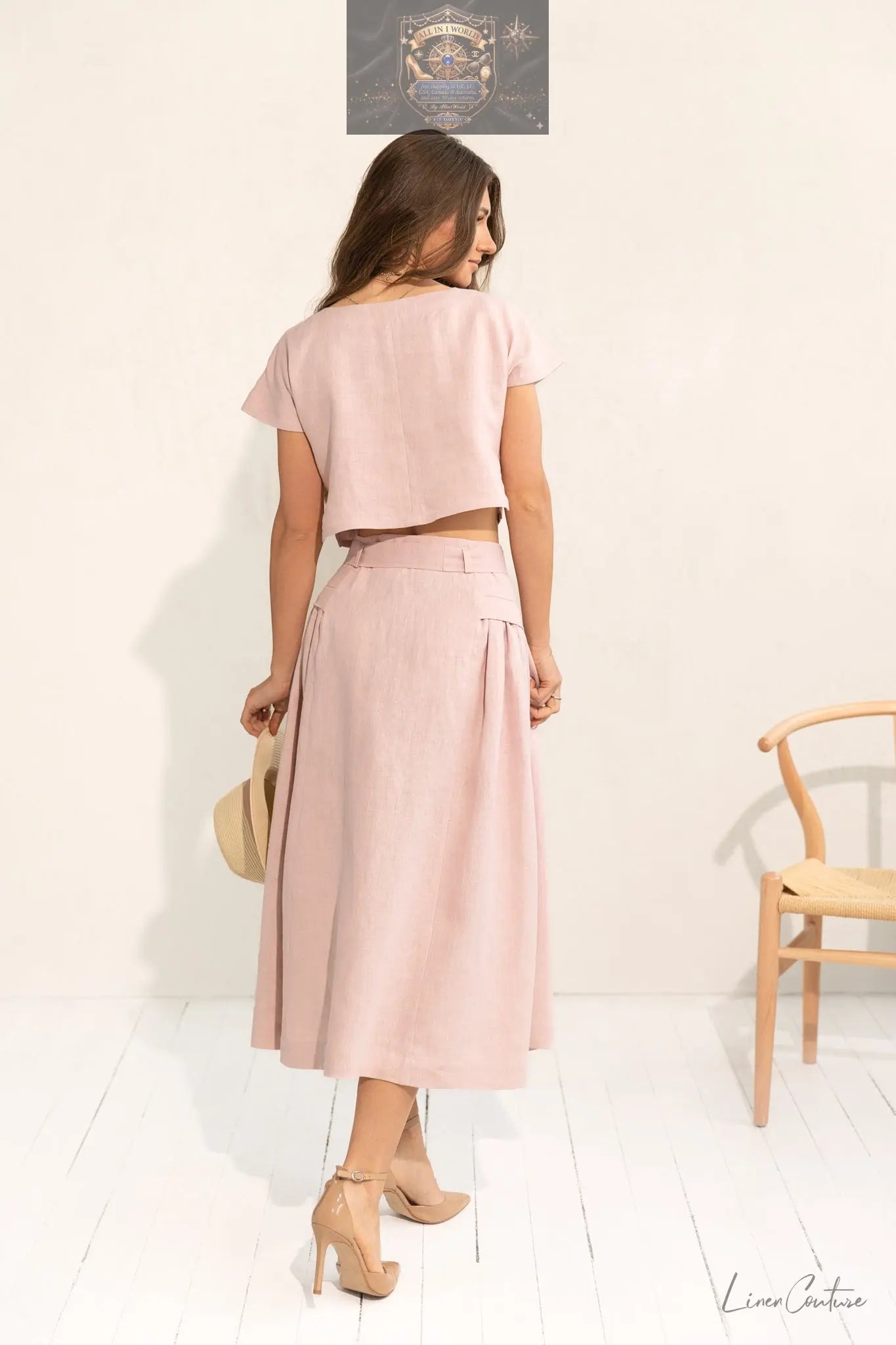 Taormina Pale Pink Linen Crop Top and Midi Skirt Co Ord Set ALL IN 1 WORLD