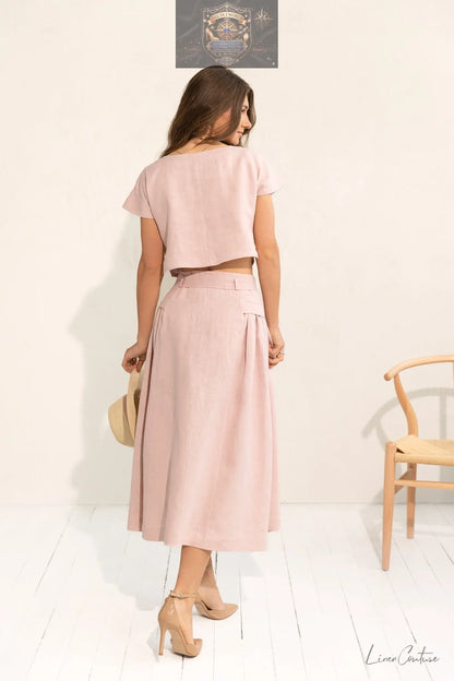 Taormina Pale Pink Linen Crop Top and Midi Skirt Co Ord Set ALL IN 1 WORLD