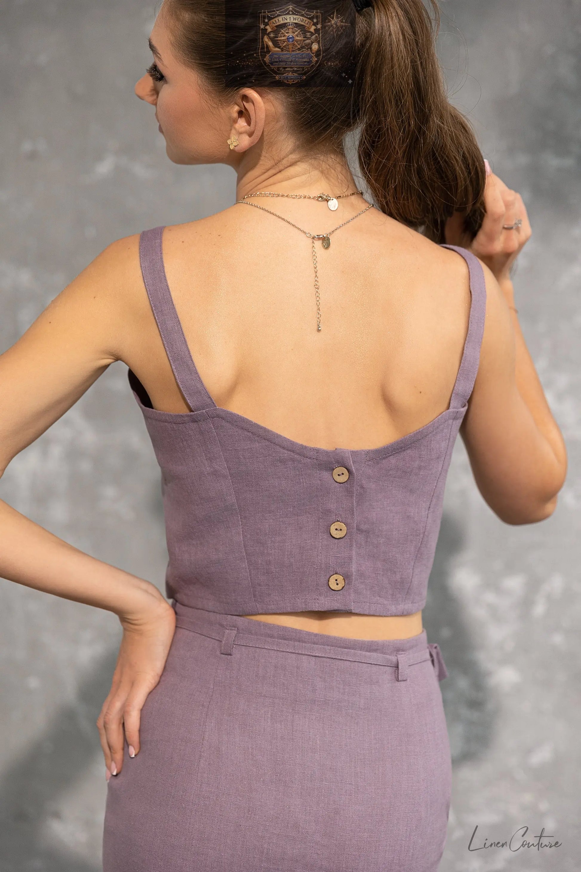 Bella Vita Set in Pastel Plum | Linen Crop Top and Midi Skirt ALL IN 1 WORLD