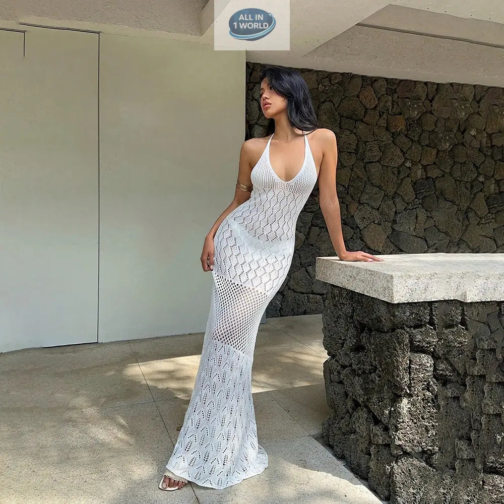 Full-length white knitted beach cover-up featuring a sexy hollow-out crochet design and deep V-neck - Elegant sleeveless backless maxi dress for summer and bikini styling - ALL IN 1 WORLD