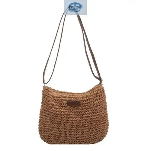 Front view of a tan brown hand-woven summer straw shoulder bag on a white background - Featuring rustic wicker texture and matching dark brown leather straps - Chic casual vacation handbag - ALL IN 1 WORLD