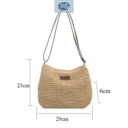 Size guide for the summer straw shoulder bag showing dimensions: 29cm width, 23cm height, and 6cm depth - Accurate measurements for the hand-woven wicker handbag - ALL IN 1 WORLD