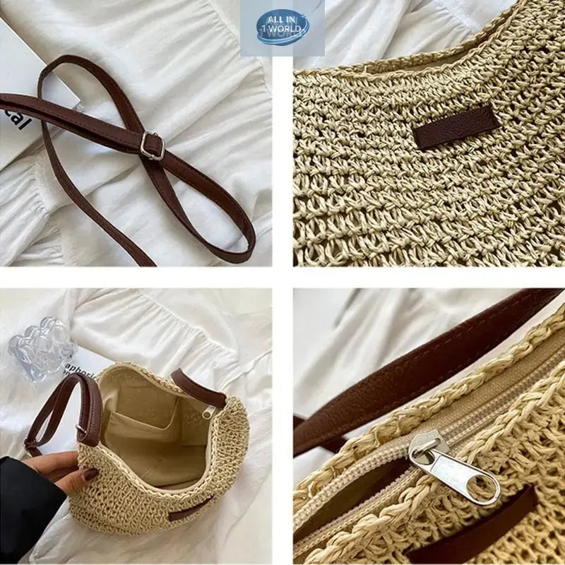 Detailed grid view of a summer straw shoulder bag showing the adjustable brown leather strap, secure zipper closure, interior pocket lining, and high-quality woven wicker texture - Practical and stylish vacation handbag - ALL IN 1 WORLD