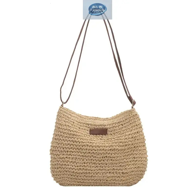 Front view of a light beige hand-woven summer straw shoulder bag on a white background - Featuring long brown leather-style straps and a minimalist rustic design - Versatile casual beach handbag - ALL IN 1 WORLD