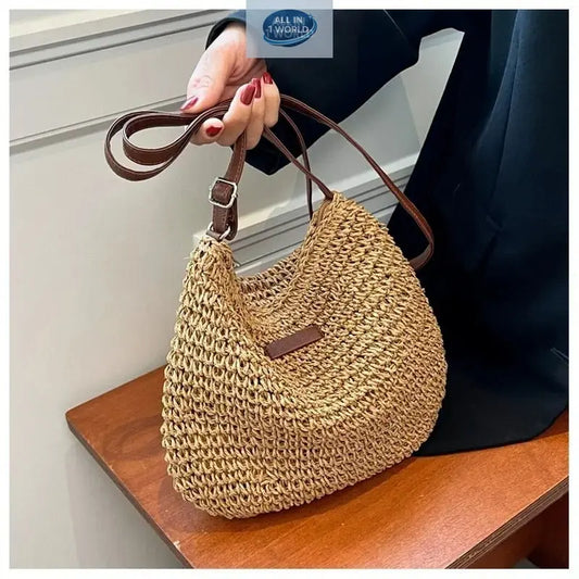 Stylish hand-woven summer straw shoulder bag for women - Featuring a rustic wicker texture and durable brown leather-style straps - Elegant casual beach and vacation handbag - ALL IN 1 WORLD