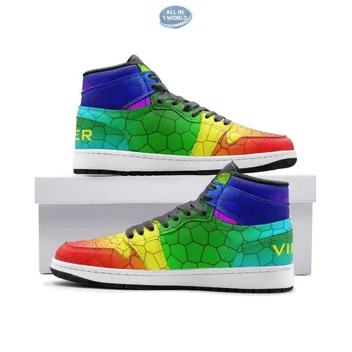 Podium display of VIPER HIP HOP Style 55TO sneakers, featuring the iconic rainbow mosaic hexagonal pattern on a high-top silhouette - Premium streetwear showcased on a white pedestal - ALL IN 1 WORLD