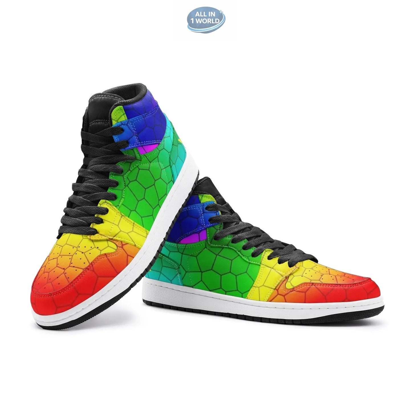 Perspective view of VIPER HIP HOP Style 55TO high-top sneakers, featuring a vibrant rainbow mosaic pattern with hexagonal geometric lines - Edgy colorful streetwear with black laces and white sole - ALL IN 1 WORLD