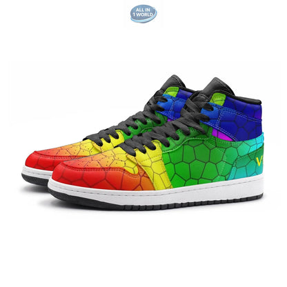 Front perspective of VIPER Style 55TO mosaic sneakers, highlighting the vibrant red toe and multi-colored hexagonal pattern - High-top hip-hop style with premium black laces and white sole - ALL IN 1 WORLD